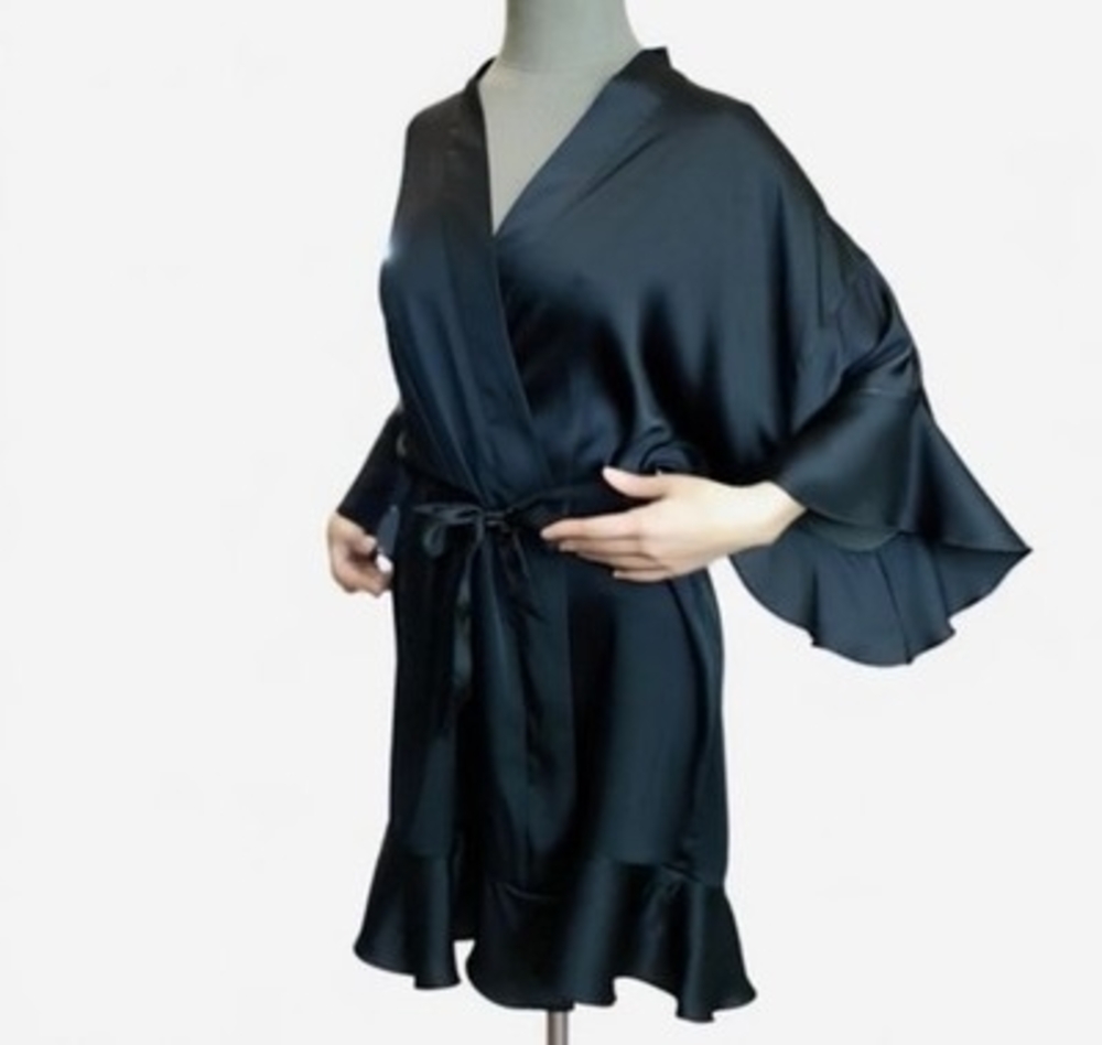 Victoria’s Secret Black Satin Glossy Tie Kimono Robe Ruffled M/L Women's